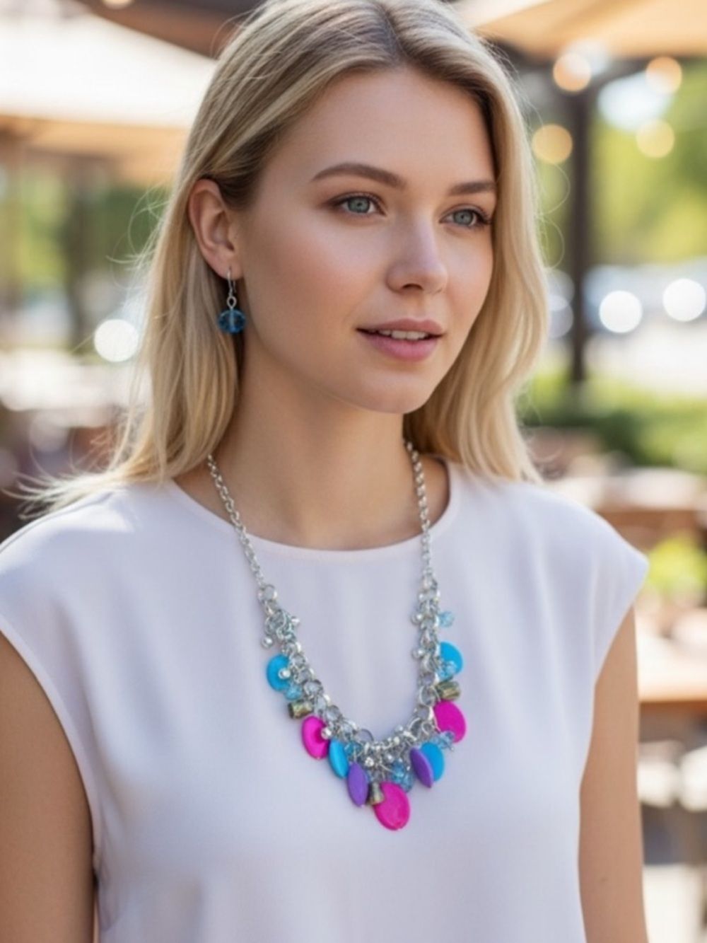 Bright Multicolor Statement Necklace and Earrings Set - Silver Chain